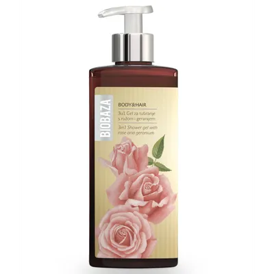 Biobaza Body & Hair, 3 in 1 Shower gel with Rose and Geranium (Żel pod prysznic 3 w 1 `Róża i pelargonia`)