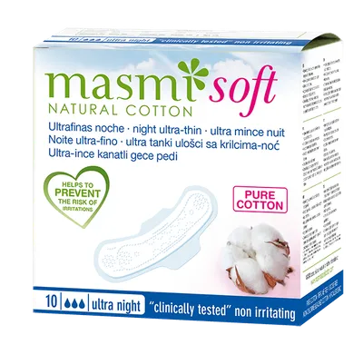 Masmi Natral Cotton Soft, Sanitary Towels Night Ultra-thin (Ultra cienkie bawełniane podpaski ze skrzydełkami na noc)