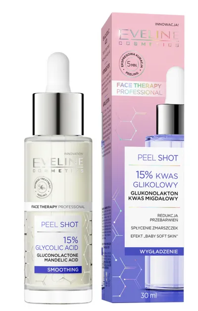 Eveline Cosmetics Face Therapy Professional, Peel Shot, Serum wygładzające z 15% kwasem glikolowym, glukonolaktonem i kwasem migdałowym