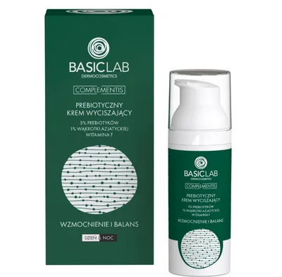 BasicLab Dermocosmetics Prebiotyczny krem wyciszający z 5% prebiotyków, 1% wąkrotki ajatyckiej i witaminą F `Wzmocnienie i balans`
