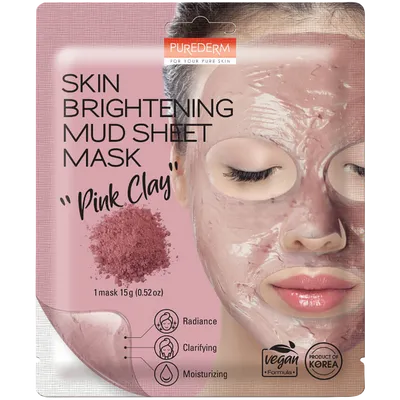 Purederm Skin Brightening Mud Sheet Mask Pink Clay (Rozjaśniająca maseczka błotna z różowa glinką)