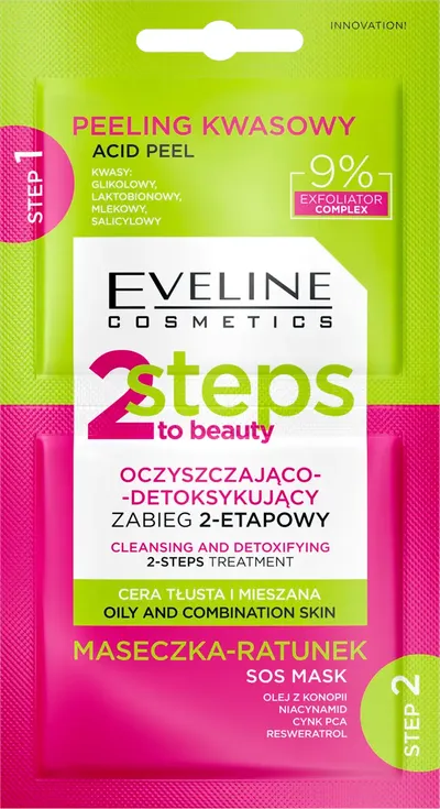 Eveline Cosmetics 2 Steps to Beauty, Oczyszczająco-detoksykujący zabieg 2-etapowy, peeling kwasowy + maseczka-ratunek