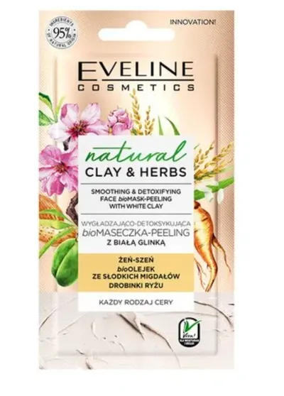 Eveline Cosmetics Natural Clay & Herbs, Wygładzająco-detoksykująca biomaseczka-peeling z białą glinką