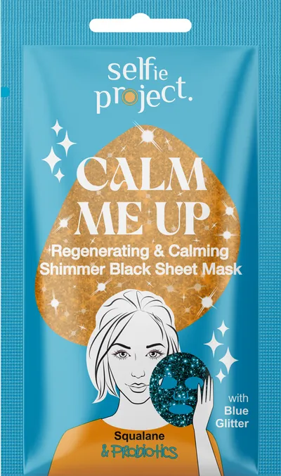 Selfie Project Calm Me Up, Regenerating & Calming Shimmer Black Sheet Mask (Regenerująco-kojąca czarna maska na tkaninie ze skwalanem i probiotykami)