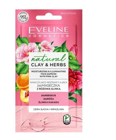 Eveline Cosmetics Natural Clay & Herbs, Nawilżająco-rozświetlająca biomaseczka z różową glinką