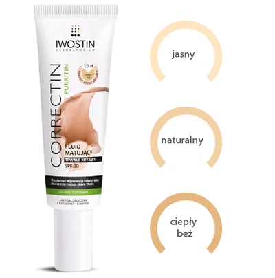 Iwostin Correctin Purritin, Fluid matujący trwale kryjący dla skóry trądzikowej SPF 30