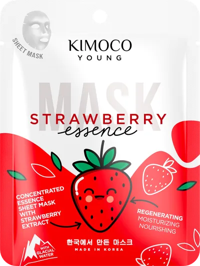 Kimoco Beauty Young, Strawberry Essence Mask (Regenerująca maska w płachcie z ekstraktem z truskawki i wodą lodowcową)