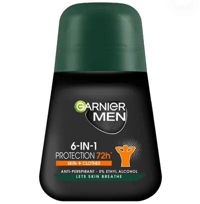 Garnier Men, 6 in 1 Protection 72h Skin + Clothes, Antyperspirant roll-on dla mężczyzn
