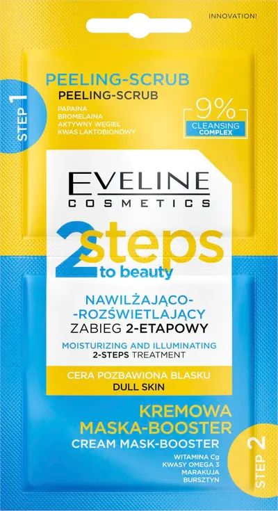Eveline Cosmetics 2 Steps to Beauty, Nawilżająco-rozświetlający zabieg 2-etapowy, peeling-scrub + kremowa maska-booster