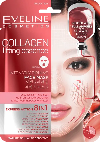 Eveline Cosmetics Collagen Lifting Essence, Intensely Firming Face Mask (Kolagenowa esencja napinająca 8  w1)
