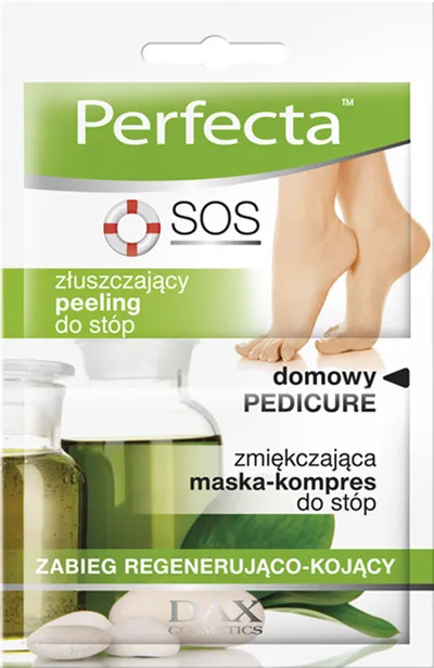 Perfecta SOS Domowy Pedicure, Zabieg regenerująco-kojący Złuszczający peeling  + zmiękczająca maska-kompres do stóp