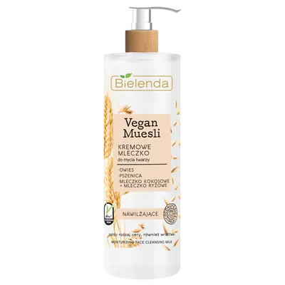 Bielenda Vegan Muesli, Nawilżające kremowe mleczko do mycia twarzy `Owies, pszenica, mleczko kokosowe + mleczko ryżowe`