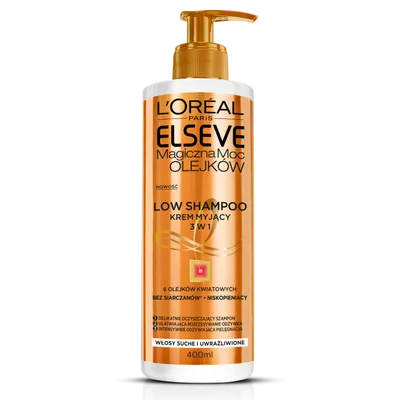 L'Oreal Paris Elseve, Magiczna Moc Olejków, Low Shampoo (Krem myjący 3 w 1 do włosów suchych i uwrażliwionych)