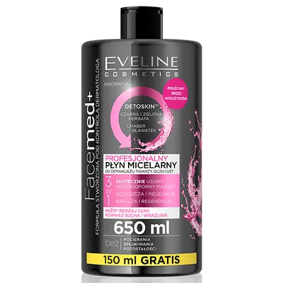 Eveline Cosmetics Facemed +, Detoskin, Profesjonalny płyn micelarny do demakijażu twarzy, oczu i ust 3 w 1