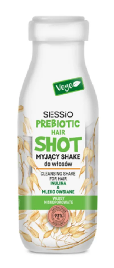 Sessio Prebiotic Hair Shot, Myjący shake do włosów niskoporowatych z inuliną i mlekiem owsianym
