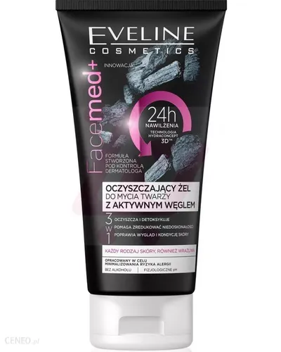 Eveline Cosmetics Facemed +, Oczyszczający żel do mycia twarzy z aktywnym węglem 3 w 1