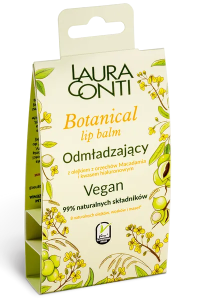 Laura Conti Botanical Lip Balm, Odmładzający z olejkiem z orzechów macadamia i kwsem hialuronowym