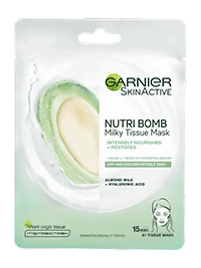Garnier Nutri Bomb Milky Sheet Mask Almond Milk and Hyaluronic Acid (Maska nawilżająca w płachcie z mlekiem migdałowym i kwasem hialuronowym)