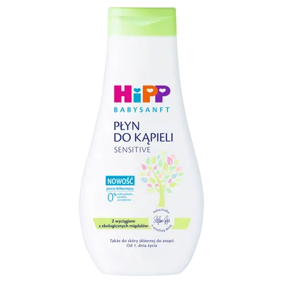 HiPP Babysanft Sensitive, Pielęgnacyjny płyn do kąpieli z dodatkiem ekologicznego oleju ze słodkich migdałów (nowa wersja)