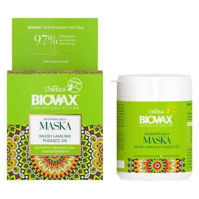 L'biotica Biovax Limited Collection, Konopia organiczna i ashwagandha, Regenerująca maska do włosów łamliwych i puszących się
