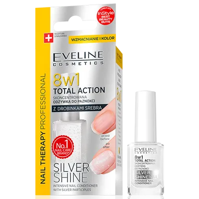Eveline Cosmetics Nail Therapy Professional, 8 w 1 Total Action, Silver Shine, Skoncentrowana odżywka do paznokci z drobinkami srebra