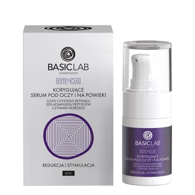 BasicLab Dermocosmetics Esteticus, Korygujące serum pod oczy na noc z retinalem 0,03%, 20% kompleksem peptydów i czynnikami wzrostu