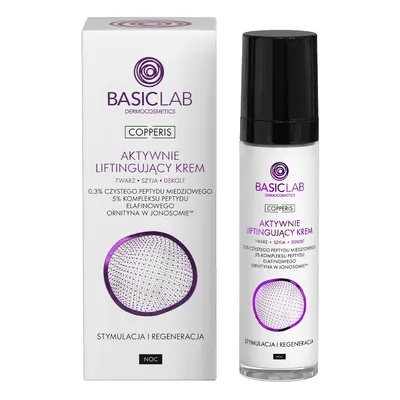 BasicLab Dermocosmetics Copperis, Aktywnie liftingujący krem na noc do twarzy, szyi i dekoltu z 0,3% czystego peptydu miedziowego