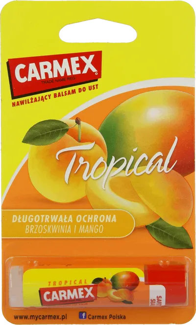 Carma Laboratories Carmex, Moisturising Lip Balm Tropical (Nawilżający balsam do ust w sztyfcie o smaku brzoskwini i mango)