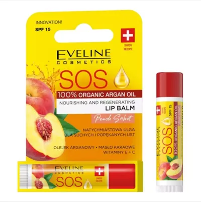 Eveline Cosmetics Peach Sorbet, SOS, Nourishing and Regenerating Lip Balm (Brzoskwiniowy sorbet, Odżywczy i regenerujący balsam do ust ( nowa wersja))