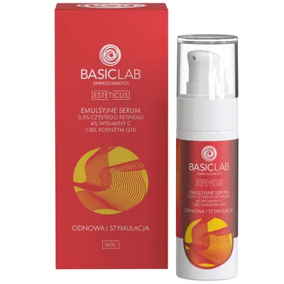 BasicLab Dermocosmetics Esteticus, Emulsyjne serum z 0,5% czystego retinolu, 4% witaminy C, CBD i koenzymem Q10 `Odnowa i stymulacja`