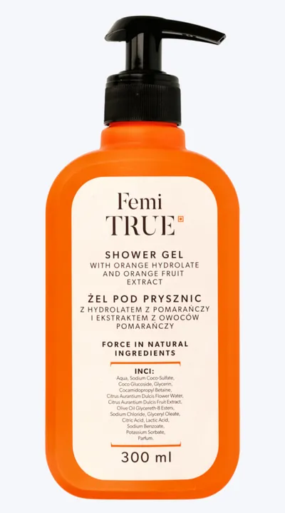Femi True Shower Gel with Orange Hydrolate and Orange Fruit Extract (Żel pod prysznic z hydrolatem z pomarańczy i ekstraktem z owoców pomarańczy)