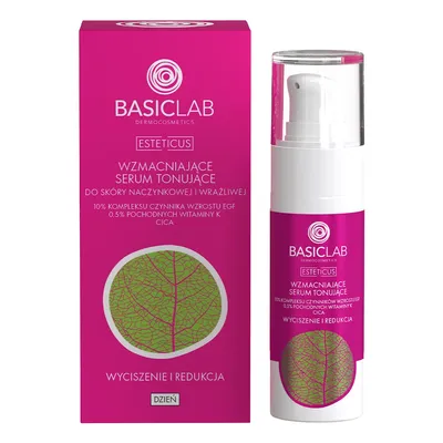 BasicLab Dermocosmetics Esteticus, Wzmacniające serum tonujące do skóry naczynkowej i wrażliwej z 10% kompleksu czynnika wzrostu EGF, 0,5% pochodnych witaminy K i CICA