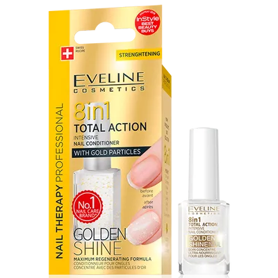 Eveline Cosmetics Nail Therapy Professional, 8 w 1 Total Action, Golden Shine, Skoncentrowana odżywka do paznokci z drobinkami złota