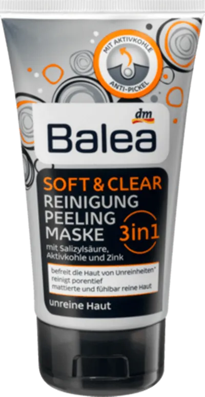 Balea Soft & Clear, Reinigung Peeling Maske  3 in 1 Aktivkohle (Żel do mycia twarzy, peeling i maska 3 w 1 z aktywnym węglem, kwasem salicylowym i cynkiem)