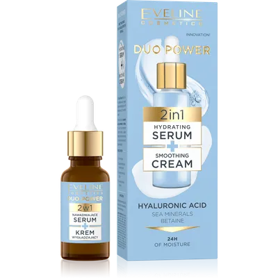 Eveline Cosmetics Duo Power, Kwas Hialuronowy, Serum nawilżające + krem wygładzający 2w1