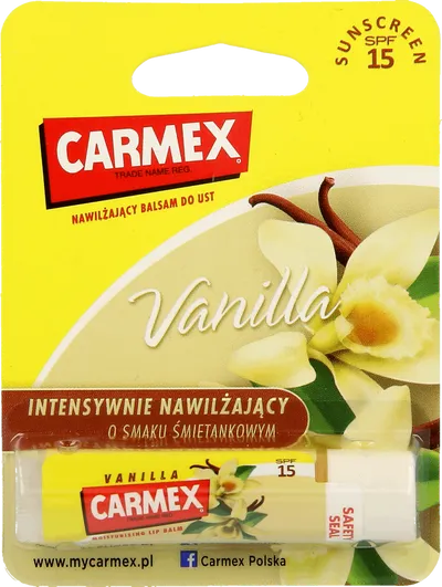 Carma Laboratories Carmex, Moisturising Lip Balm Vanilla (Intensywnie nawilżający balsam do ust w sztyfcie o smaku śmietankowym)