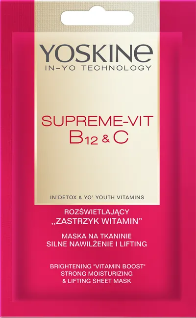 Yoskine Supreme-Vit B 12 & C, Rozświetlający zastrzyk witamin,   Maska na tkaninie