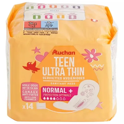 Auchan Teen Ultra Thin Sanitary Pads Normal+ (Podpaski higieniczne Teen Ultra cienkie Normal+ ze skrzydełkami)