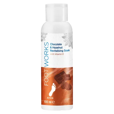 Avon Foot Works, Chocolate & Hazelnut, Revitalizing Soak with Vitamine E (Rewitalizująca kąpiel do stóp `Czekolada z orzechami`)