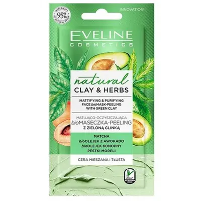 Eveline Cosmetics Natural Clay & Herbs, Matująco-oczyszczajaca biomaseczka-peeling z zieloną glinką