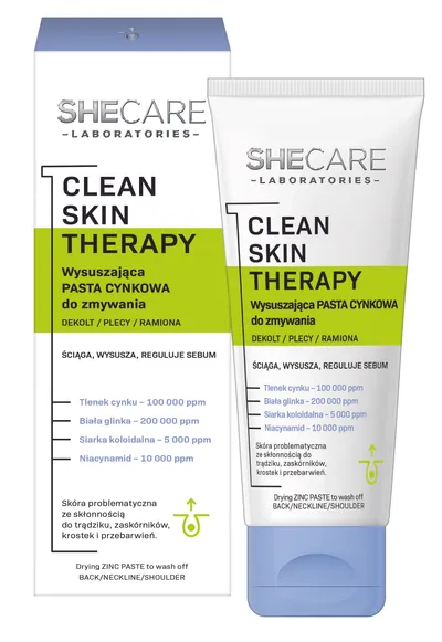 SheCare Clean Skin Therapy, Wysuszająca pasta cynkowa do zmywania dekolt/plecy/ramiona