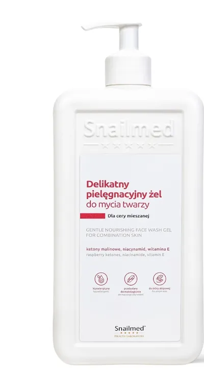 Snailmed Ketony malinowe, niacynamid i witamina E, Dermokosmetyczny delikatny pielęgnacyjny żel do mycia twarzy dla cery mieszanej