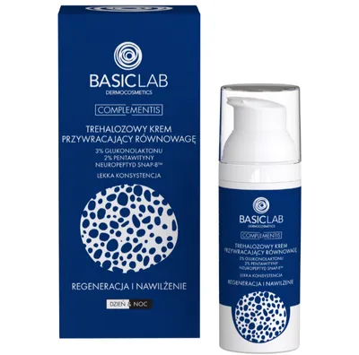 BasicLab Dermocosmetics Trehalozowy krem przywracający równowagę o lekkiej konsystencji z 3% glukonolaktonem, 2% pentawityną oraz neuropeptydem SNAP-8 `Regeneracja i nawilżenie`