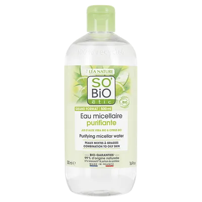 SO'BiO Etic Hydra Aloe Vera, Eau Micellaire Purifiante (Oczyszczająca i matująca woda micelarna do demakijażu)