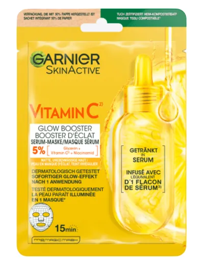Garnier Skin Active, Vitamin C, Glow Booster Sheet Mask (Maseczka w płachcie o działaniu rozjaśniającym i nawilżającym z witaminą C (nowa wersja))