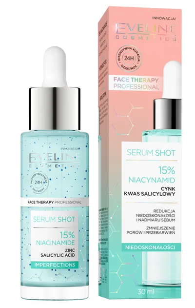 Eveline Cosmetics Face Therapy Professional, Serum Shot, Serum na niedoskonałości z 15% niacynamidem, cynkiem i kwasem salicylowym