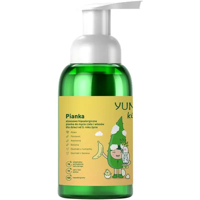 Yumi Kids, Aloesowa hipoalergiczna pianka do mycia ciała i włosów o zapachu banana dla dzieci od 3. roku życia
