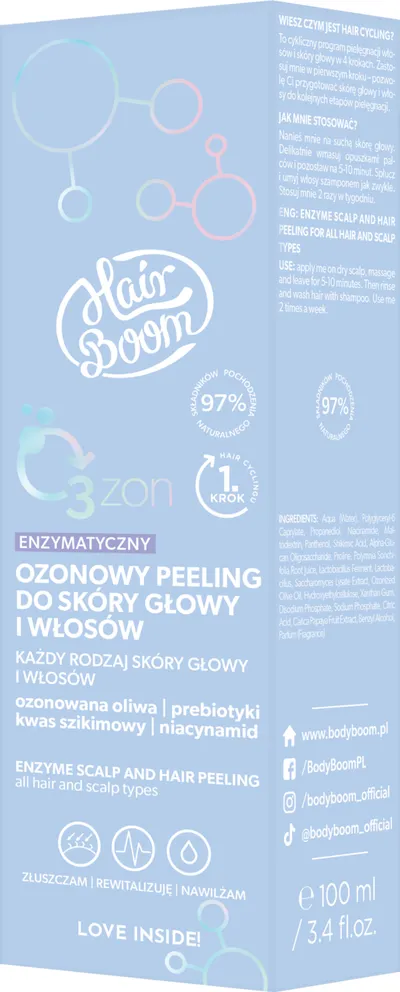 HairBoom O3zon, Enzymatyczny ozonowy peeling do skóry głowy i włosów