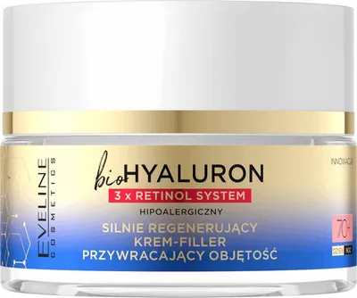 Eveline Cosmetics Bio Hyaluron, 3x Retinol System, Silnie regenerujący krem-filler przywracający objętość 70+