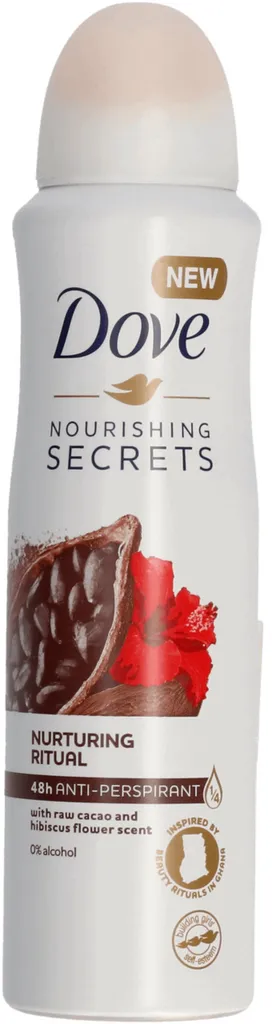 Dove Nourishing Secrets, Nurturing Ritual, 48h Anti-perspirant with Raw Cacao and Hibuscus Scent (Antyperspirant w aerozolu dla kobiet)